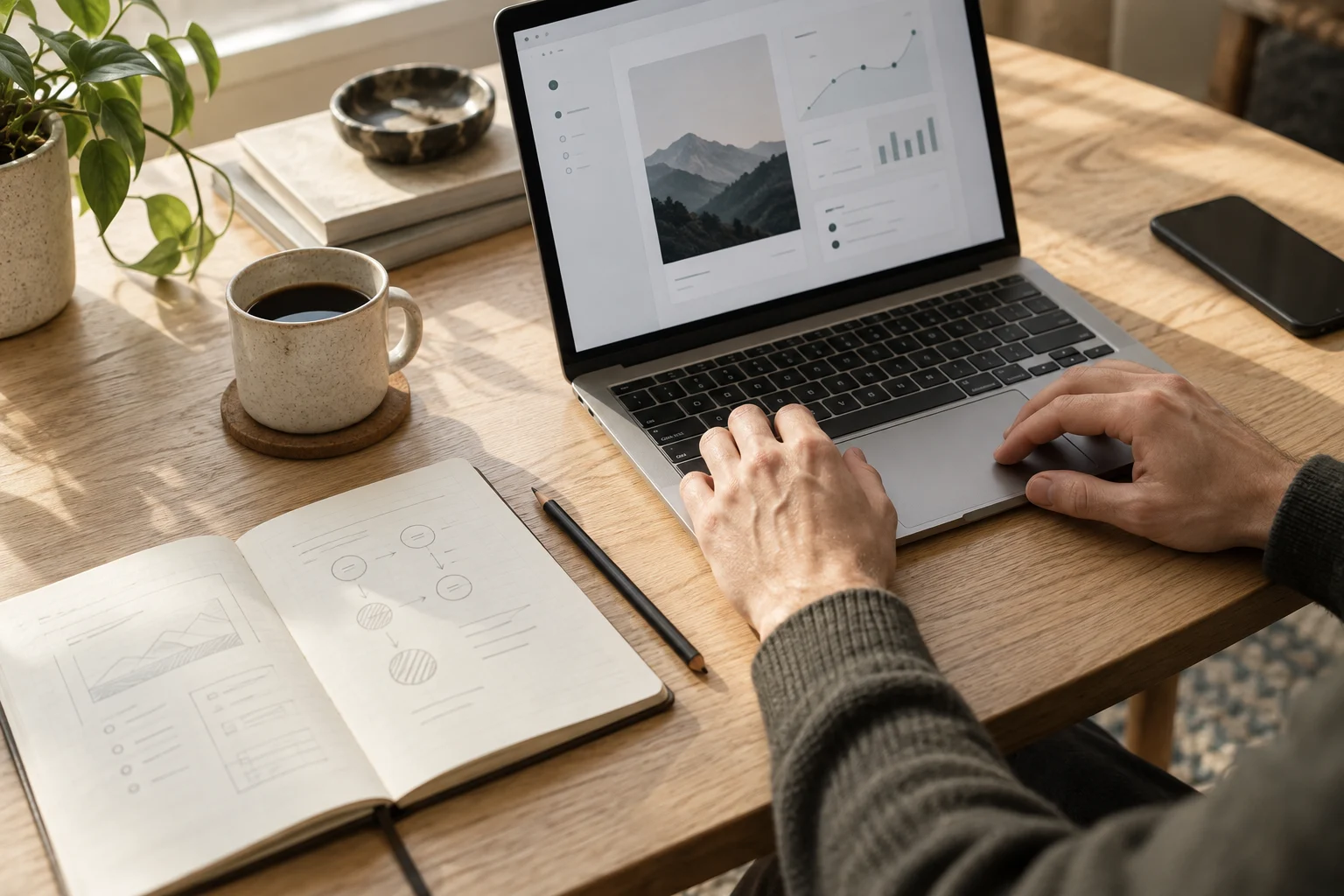 Laptop og notater på et arbeidsbord