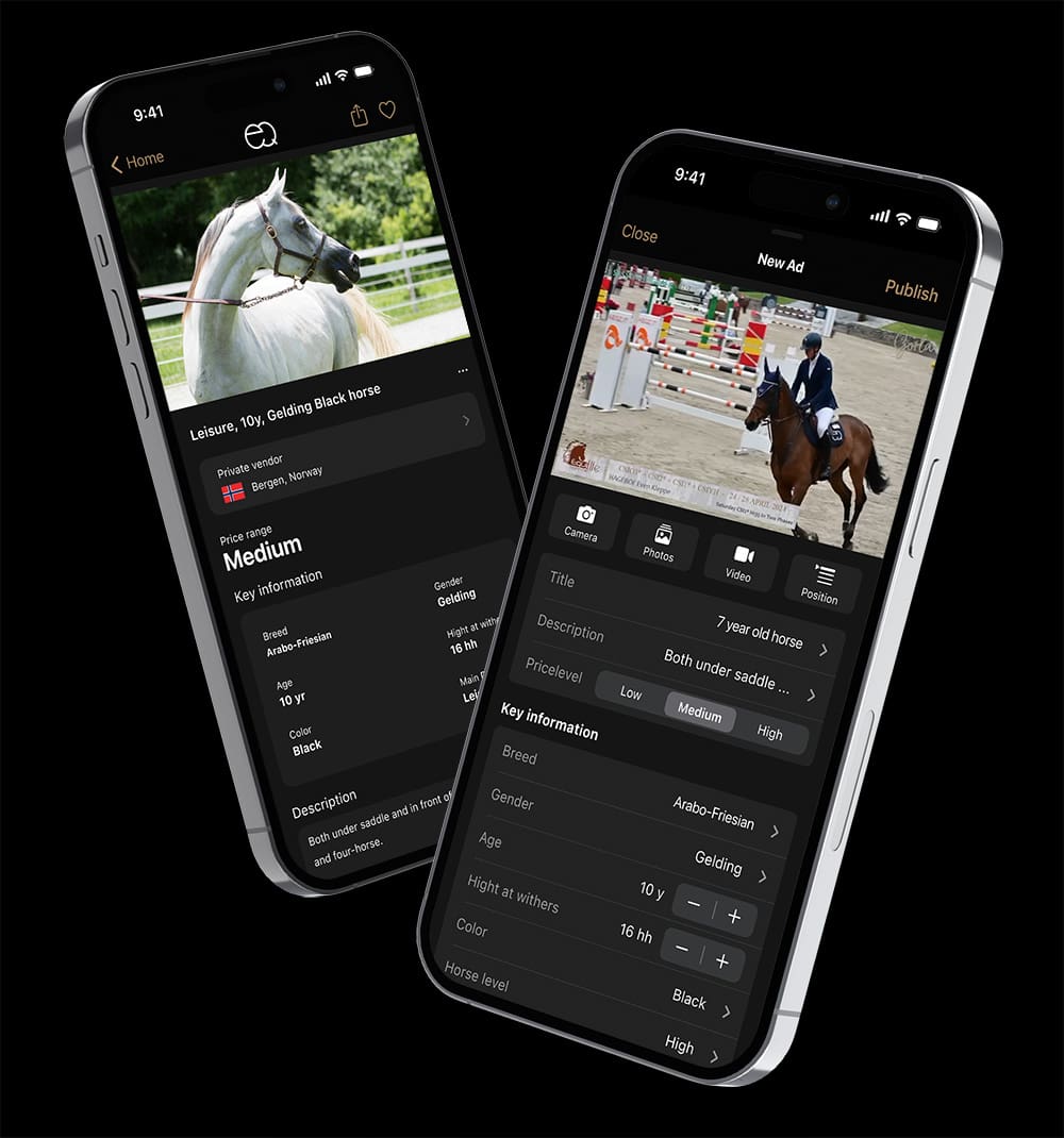 Equestrian-appen vist på to mobilskjermer med hesteannonser